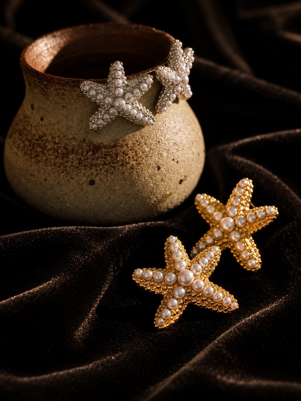 Gold plated and Pearl Starfish Drop Earrings - Picture 3 of 9